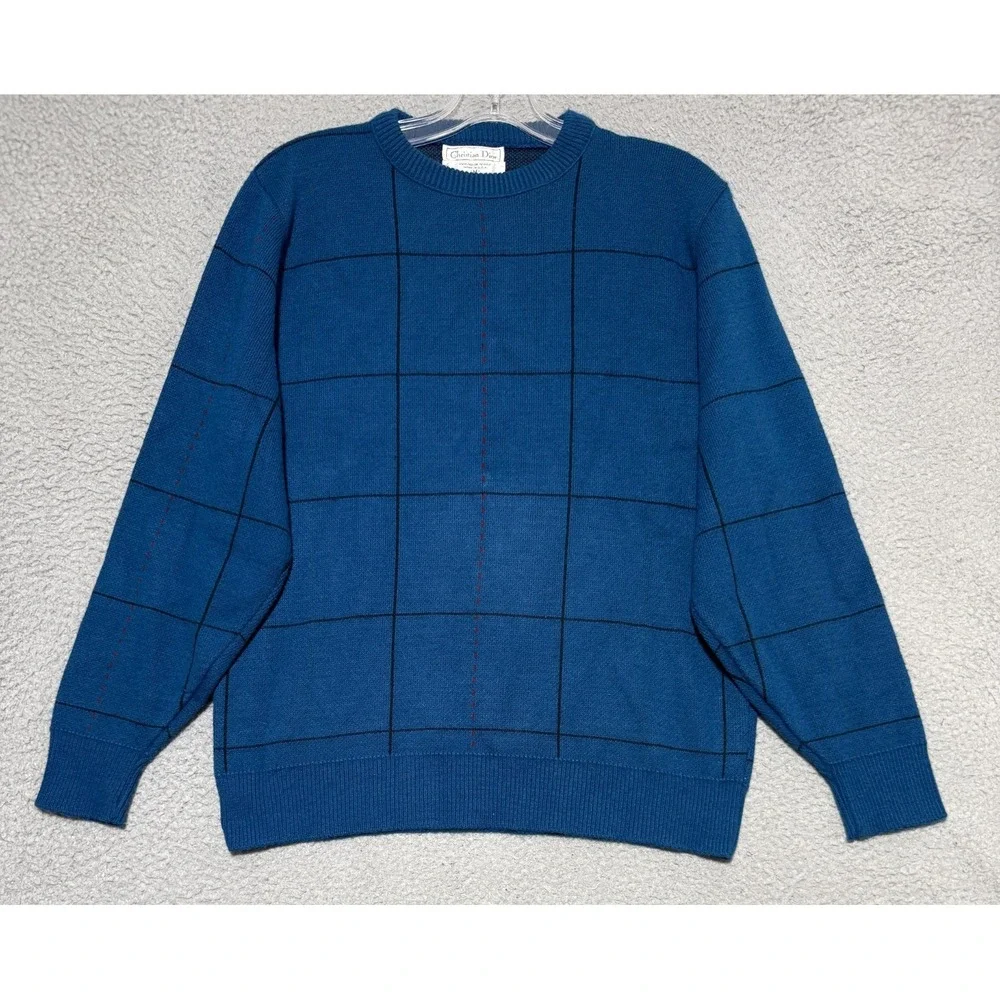 Vintage Christian Dior Sweater Mens Medium Grid Pattern Knit Pullover USA made
